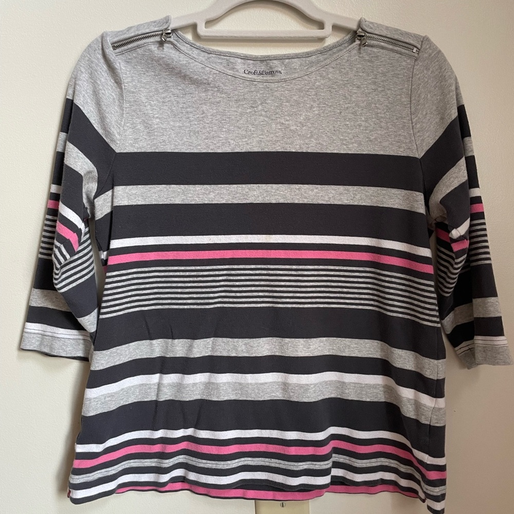Croft & Barrow Women's Gray and Pink Striped Long Sleeve Top